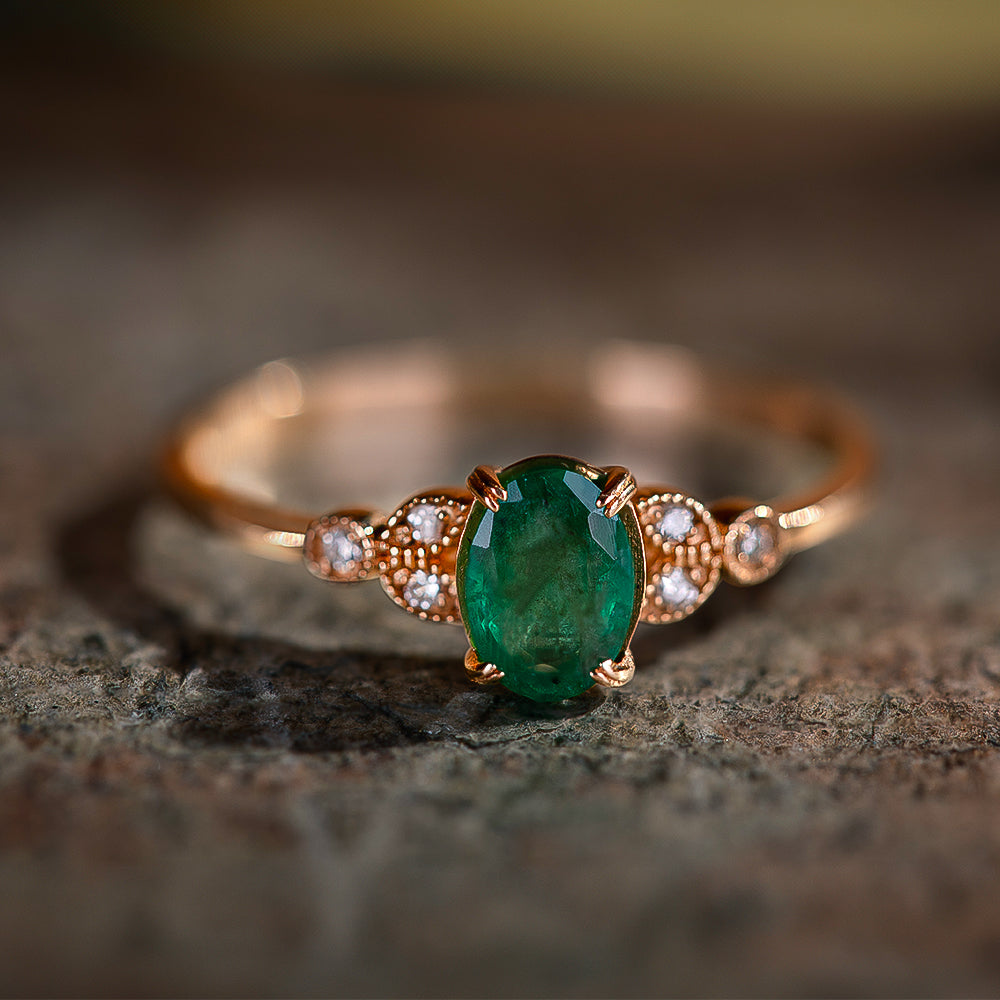 Pırlantalı Tektaş Zümrüt Vintage Yüzük