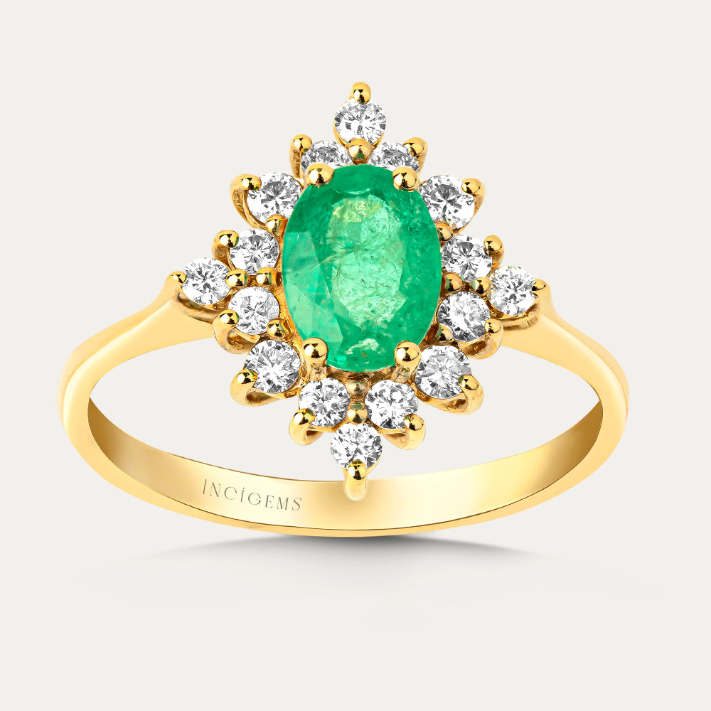 intage Pırlantalı oval kesim doğal Zümrüt Yüzük