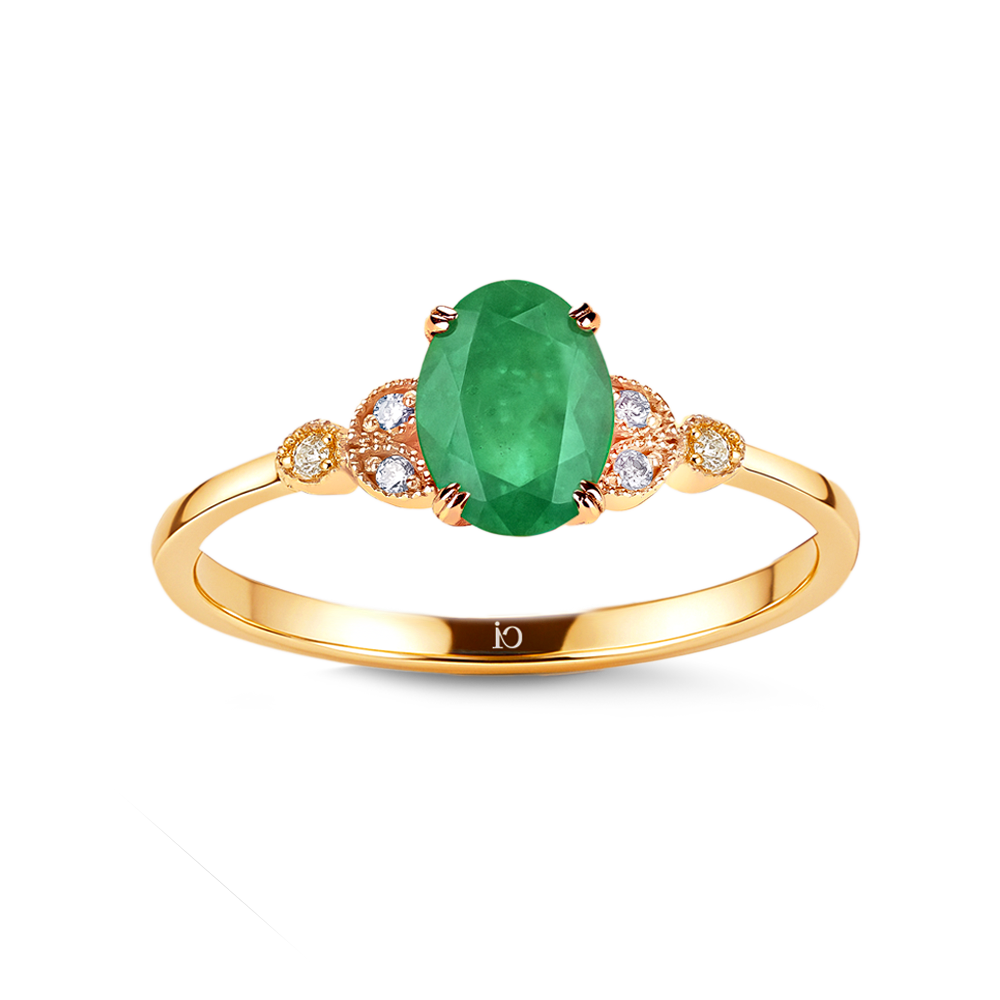 Pırlantalı Tektaş Zümrüt Vintage Yüzük - Leaf