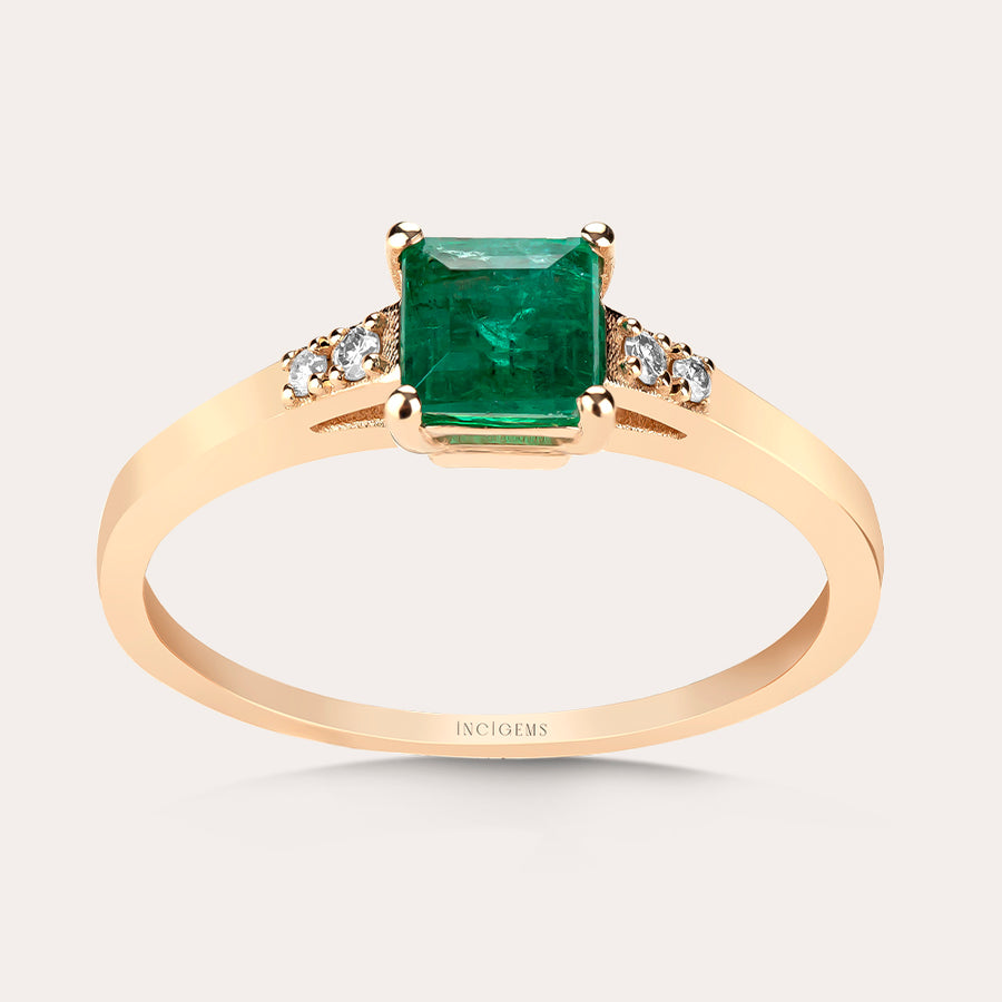 pırlantalı ve kare kesim zümrüt taşlı vintage tasarım tektaş yüzük