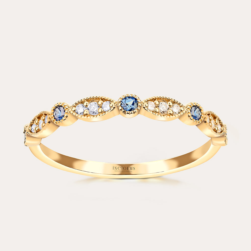 safir ve pırlanta taşlarından oluşan vintage tasarım altın yüzük