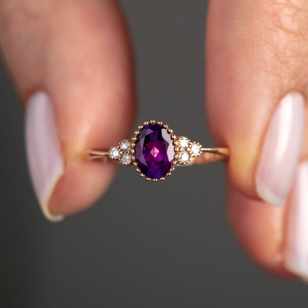 Pırlantalı Ametist Tektaş Vintage Yüzük