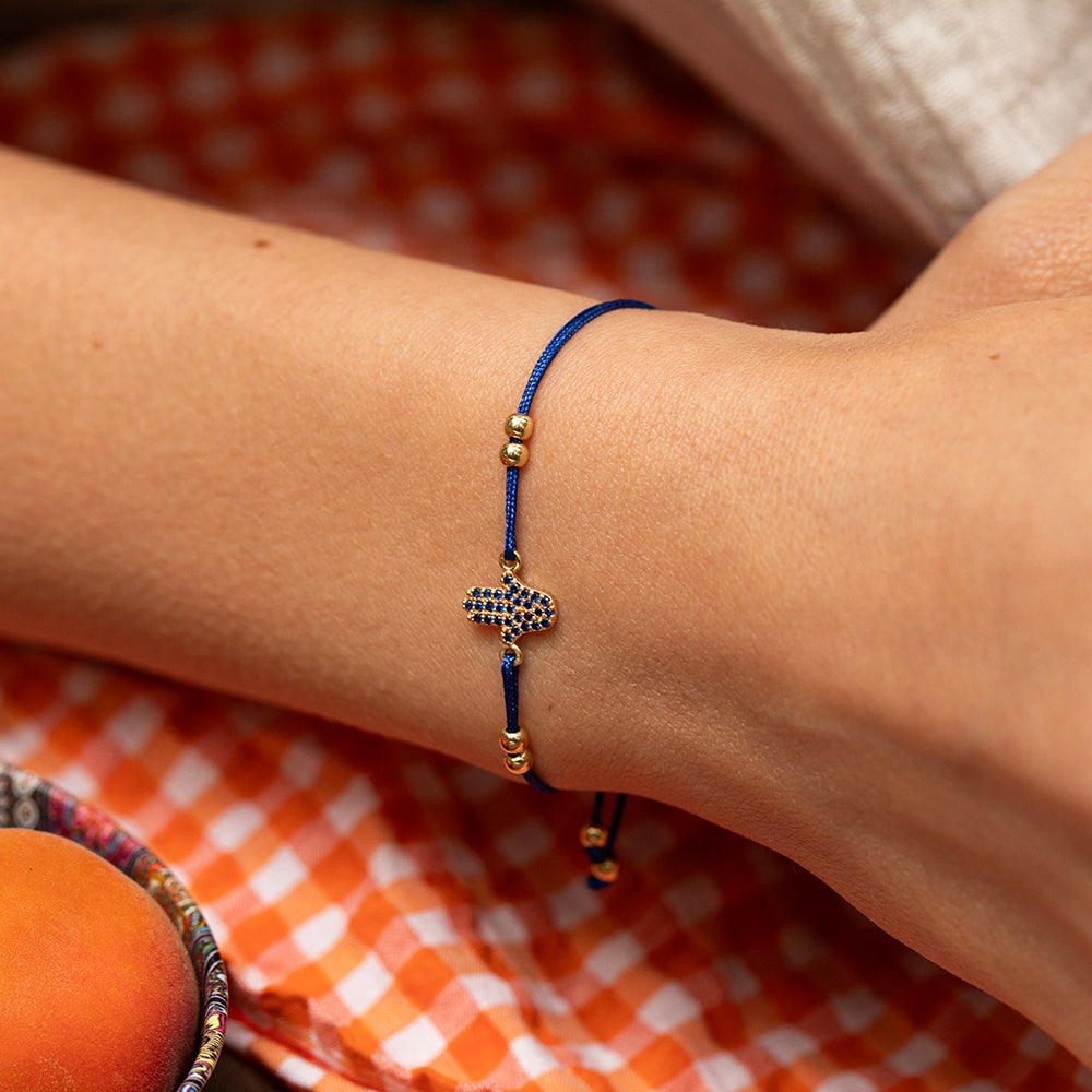 Royal Blue Altın İp Bileklik - Hamsa