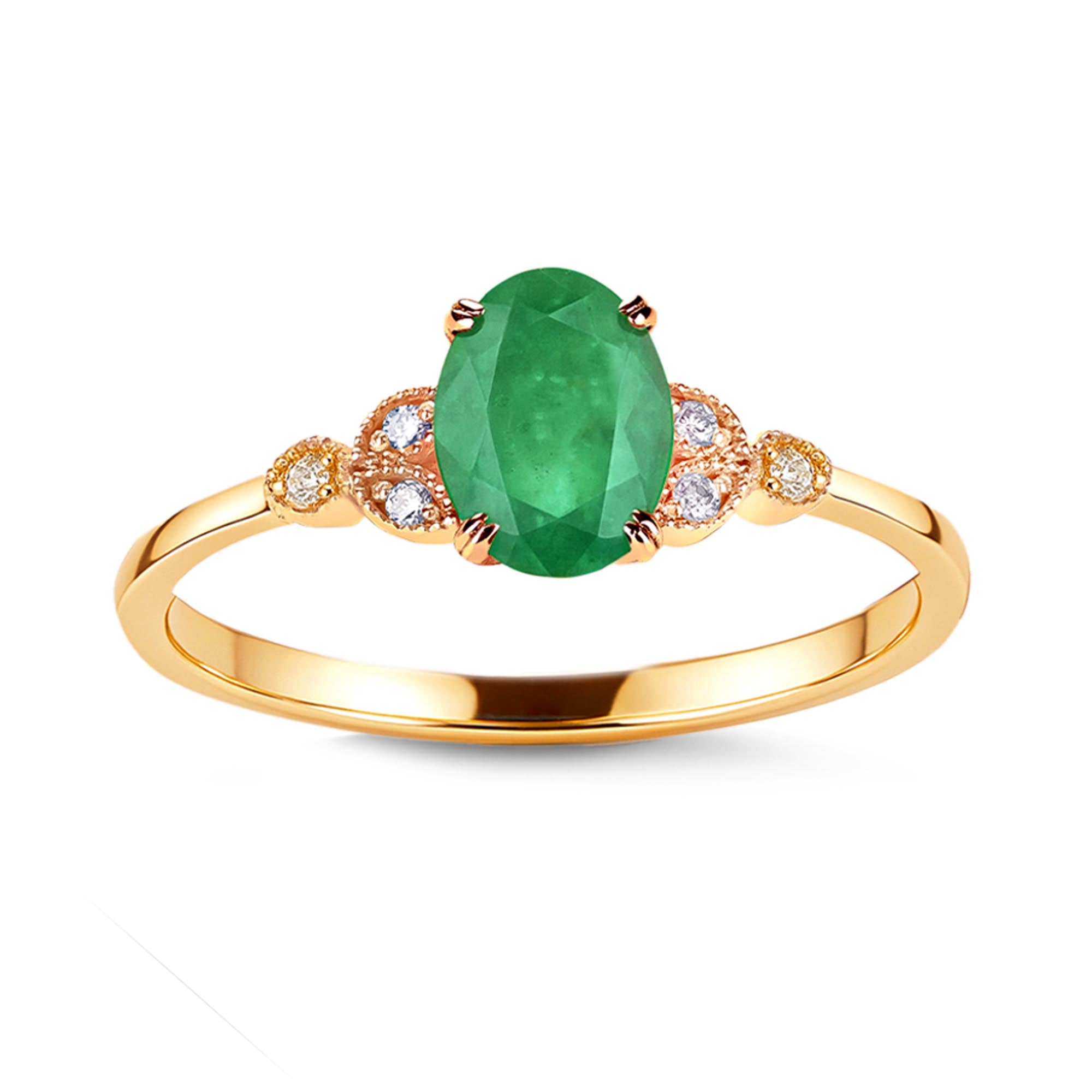 Pırlantalı Tektaş Zümrüt Vintage Yüzük - Leaf