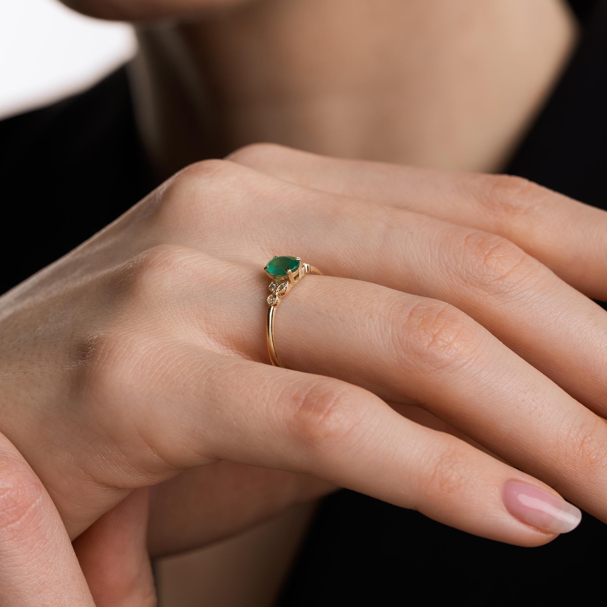 Pırlantalı Tektaş Zümrüt Vintage Yüzük - Leaf