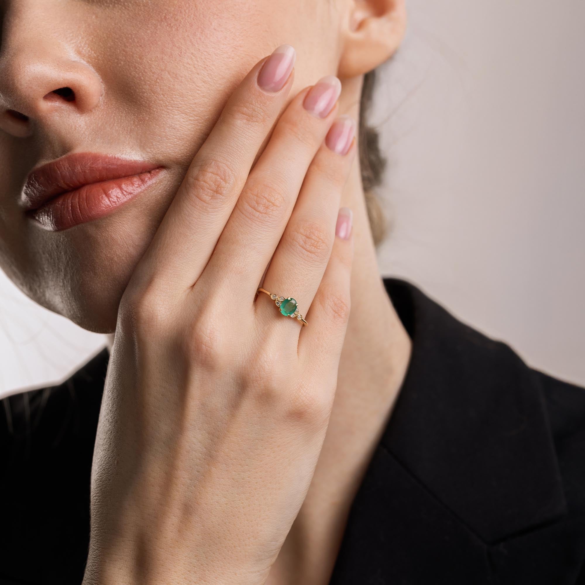 Pırlantalı Tektaş Zümrüt Vintage Yüzük - Leaf