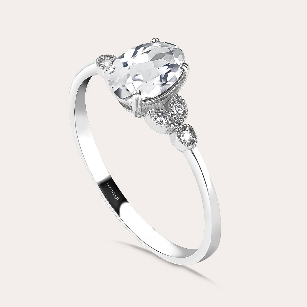 Pırlantalı Oval Kesim Beyaz Topaz Tektaş Vintage Yüzük