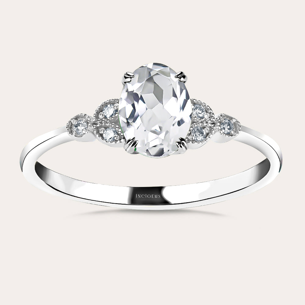 Pırlantalı Oval Kesim Beyaz Topaz Tektaş Vintage Yüzük