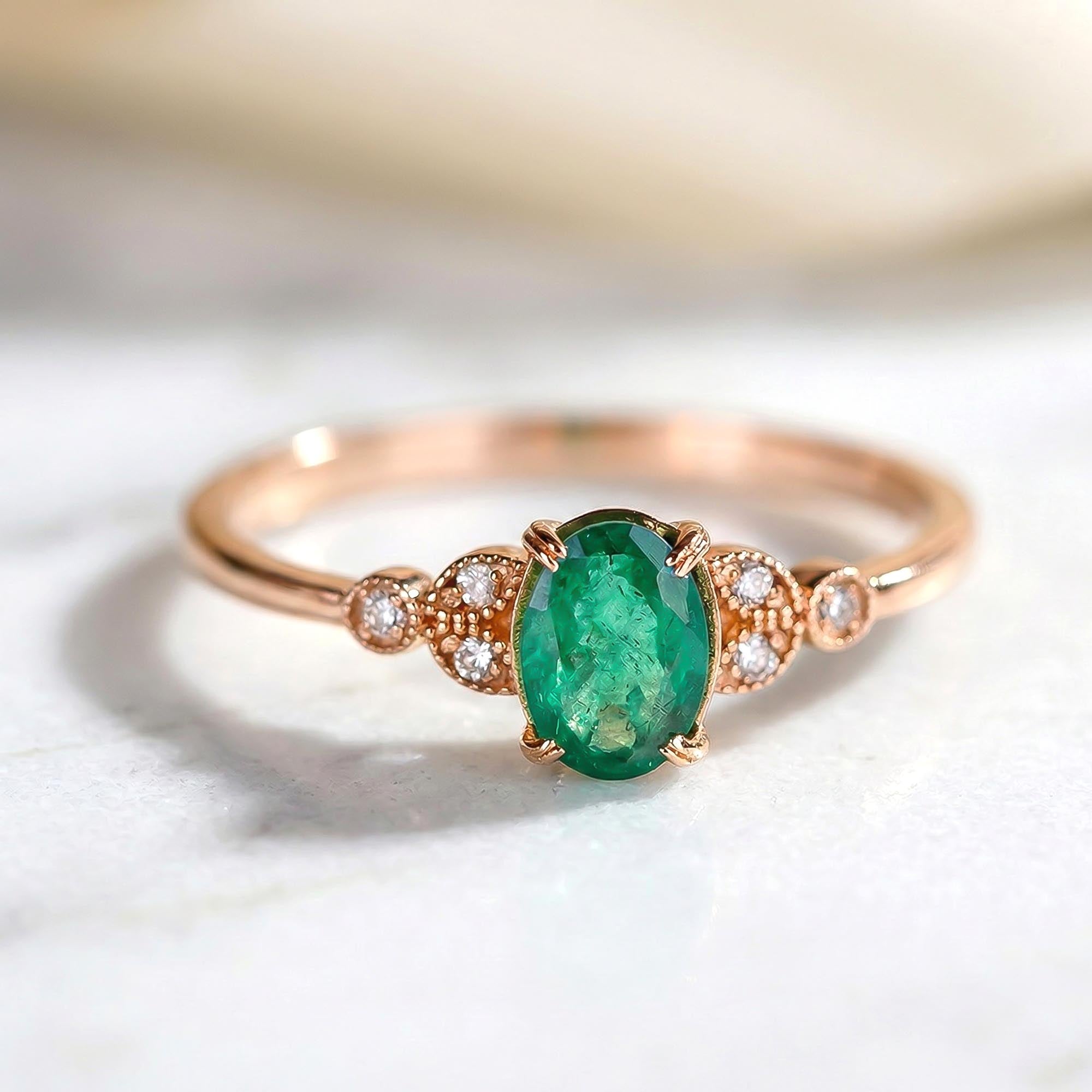 Pırlantalı Tektaş Zümrüt Vintage Yüzük - Leaf