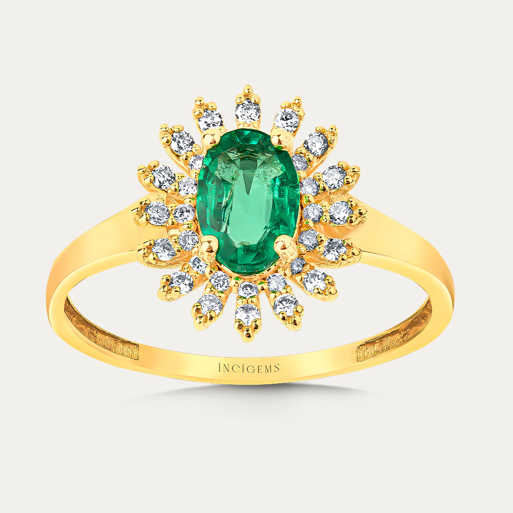 ortada oval kesim zümrüt taşı ve kenarlarında 30 adet pıranta taşı bulunan vintage tasarım palmiye yüzük