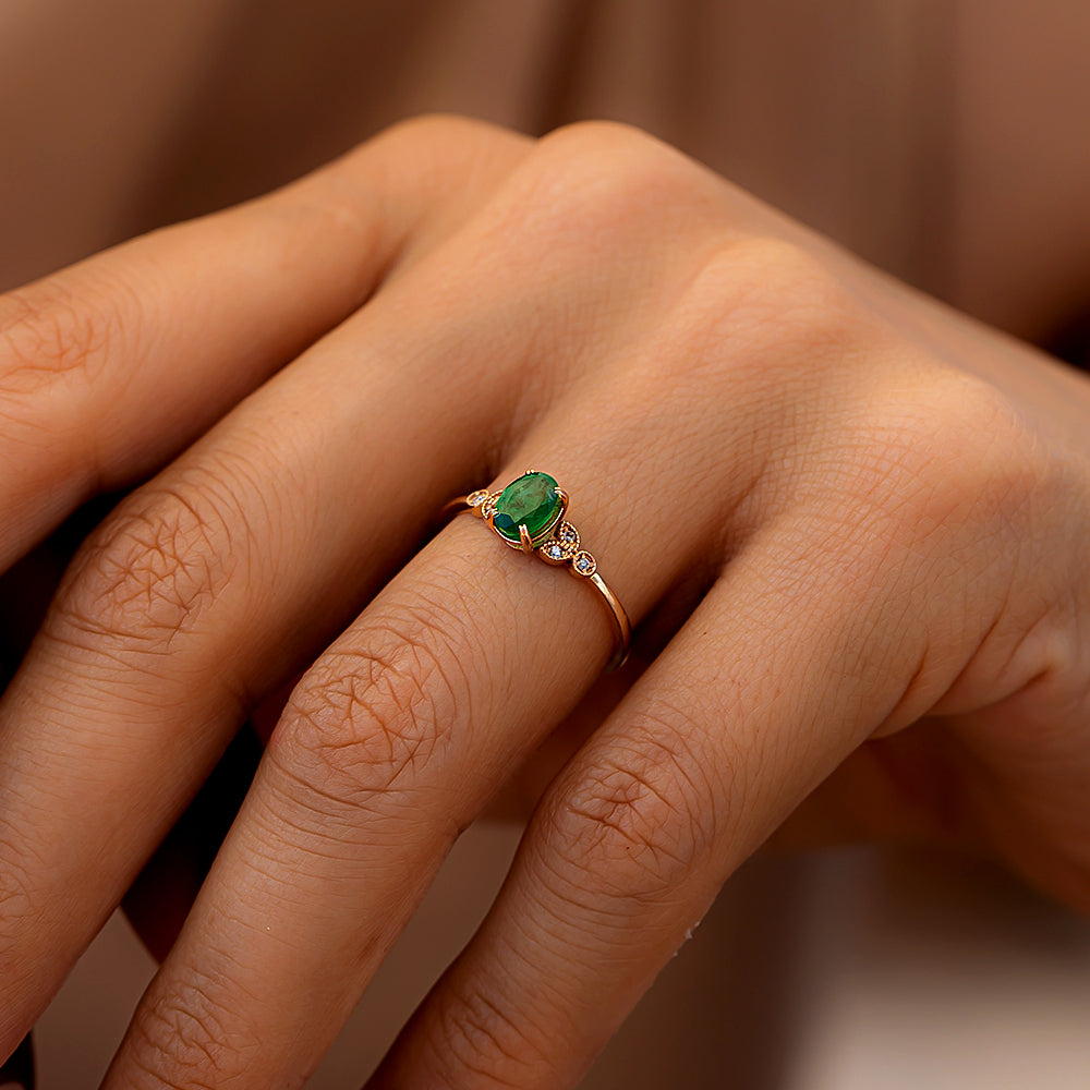 Pırlantalı Tektaş Zümrüt Vintage Yüzük - Leaf