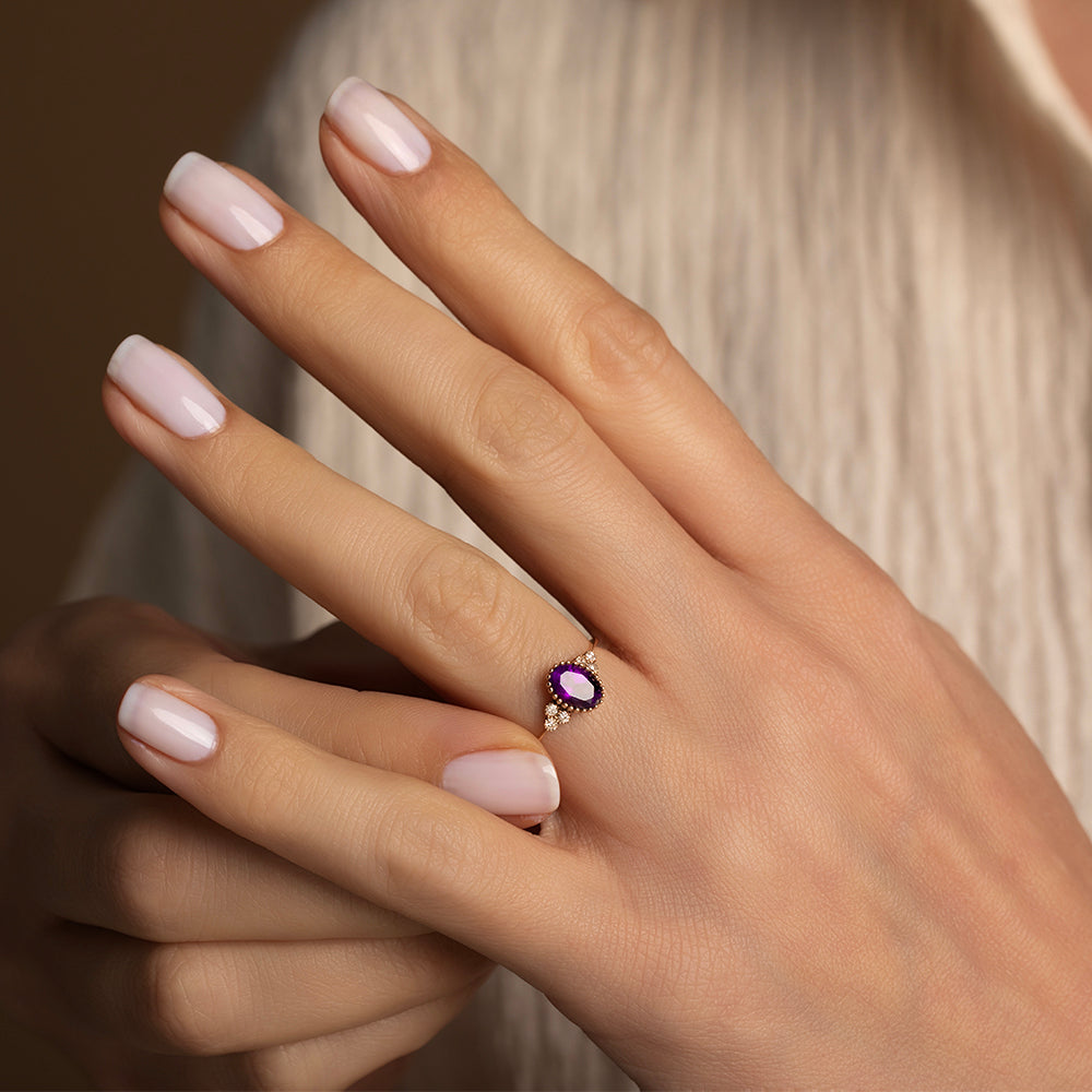 Pırlantalı Ametist Tektaş Vintage Yüzük