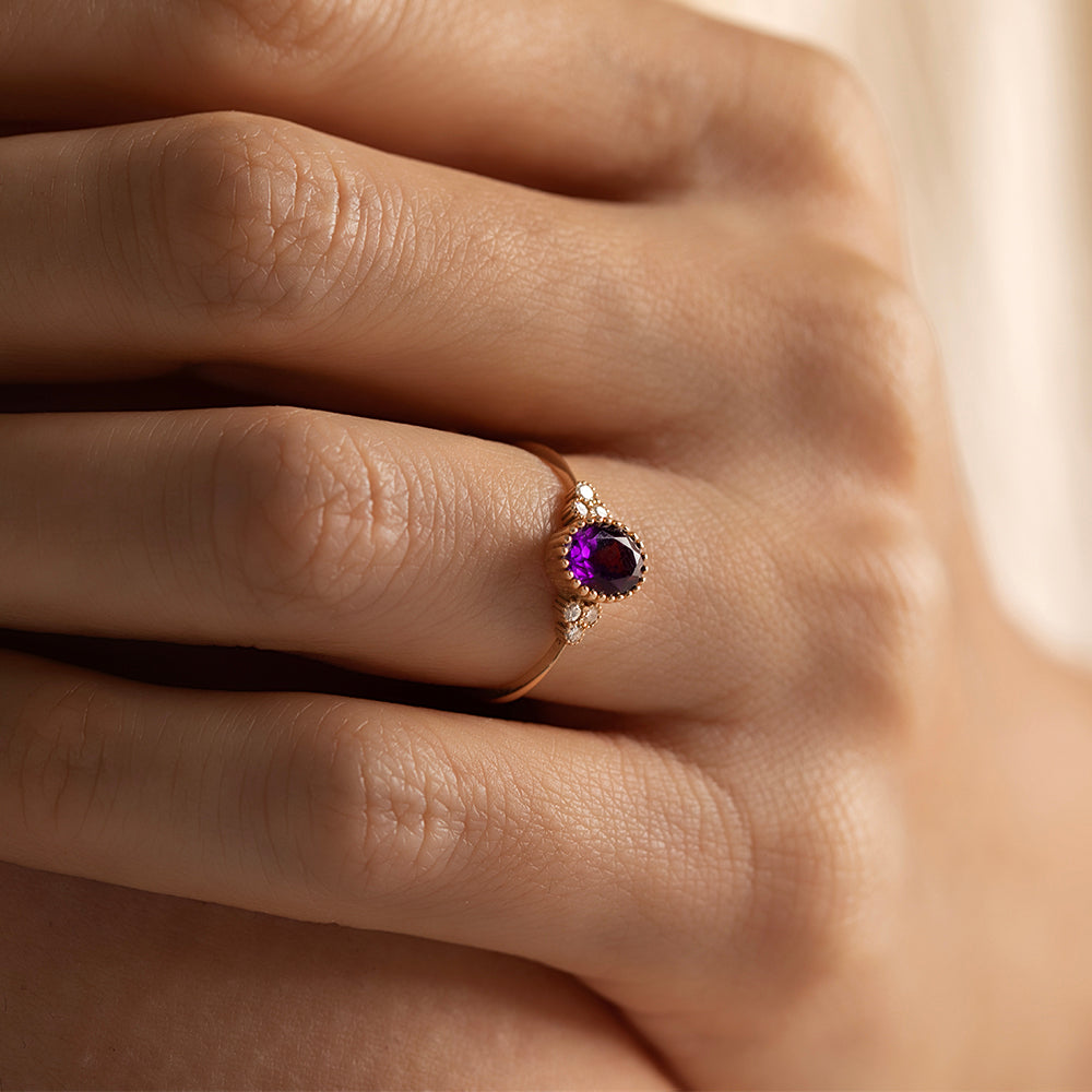 Pırlantalı Ametist Tektaş Vintage Yüzük