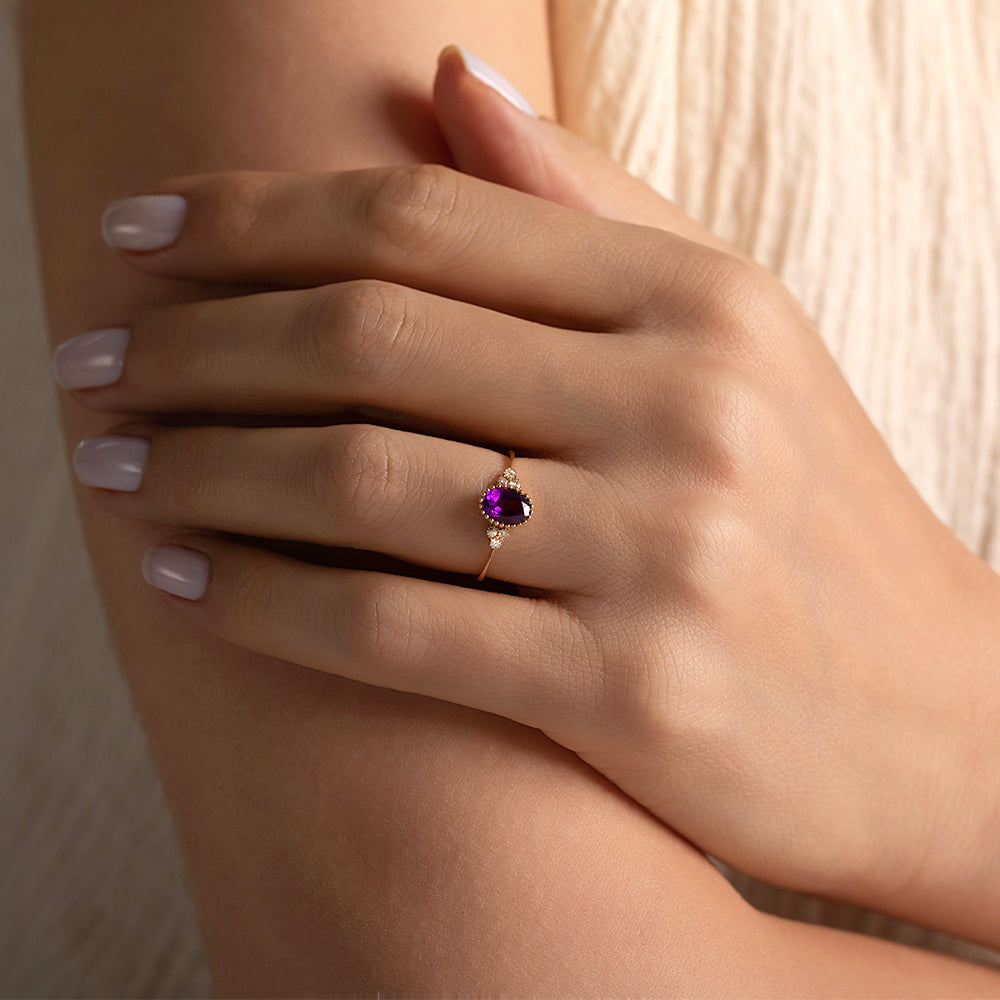 Pırlantalı Ametist Tektaş Vintage Yüzük