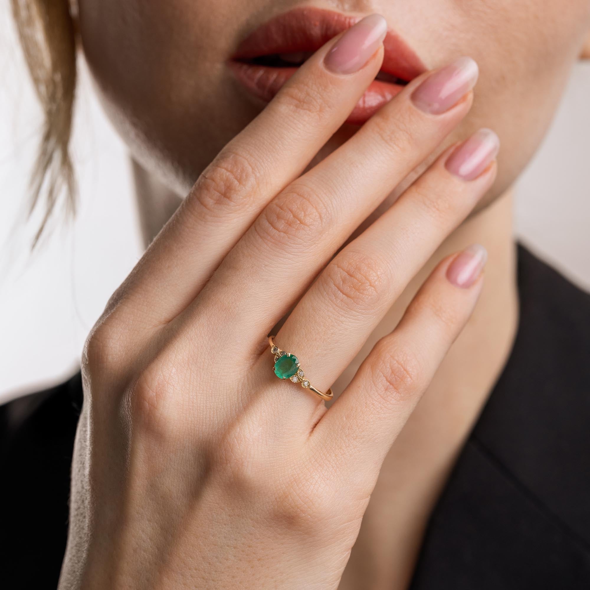 Pırlantalı Tektaş Zümrüt Vintage Yüzük - Leaf