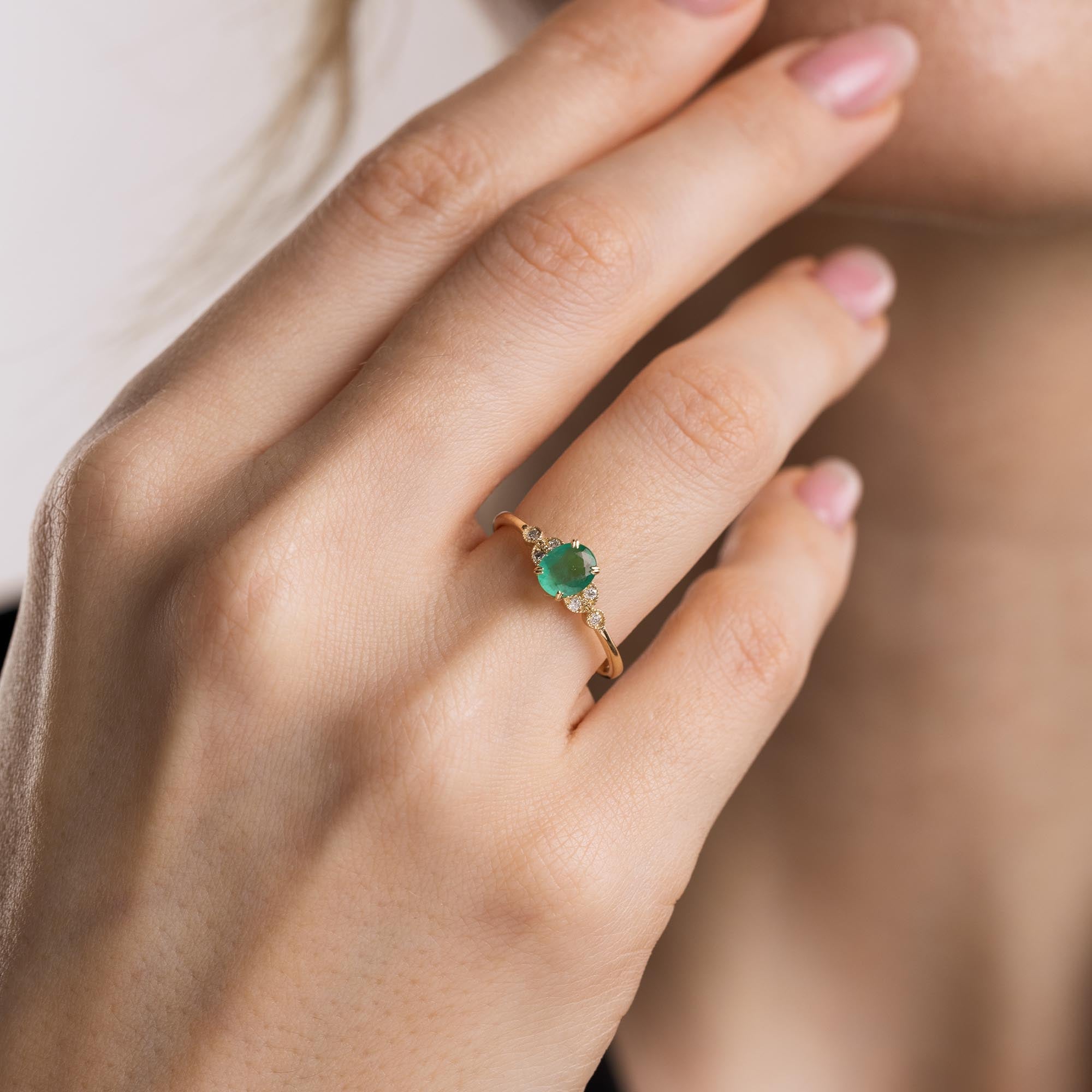 Pırlantalı Tektaş Zümrüt Vintage Yüzük - Leaf