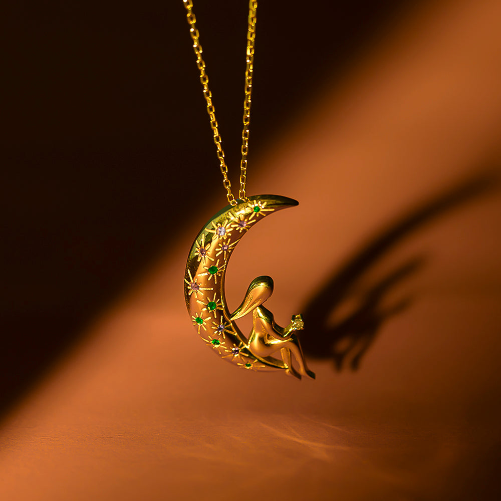 Doğal Taş Ve Pırlantalı Ay Yıldız Kolye